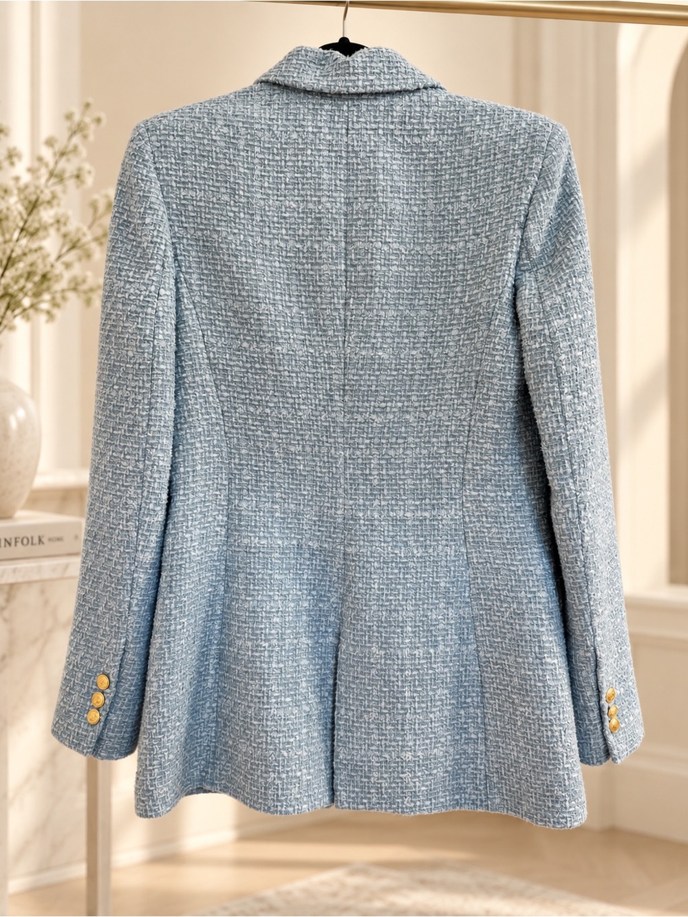 ZARA Baby Blue Tweed Double-Breasted Blazer with Gold Buttons - Picture 4 of 4